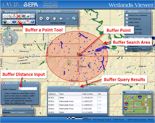 Buffer tool window, buffer query window, and buffer on map in Wetlands Viewer