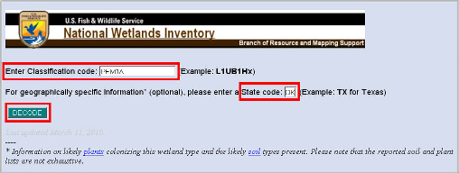 Screen showing Classification Code, State Code, and Decode items on the U.S. Fish and WildLife NWI Decode page.