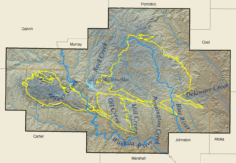 topographic map of outcrop and study area of Arbuckle-Simpson aquifer